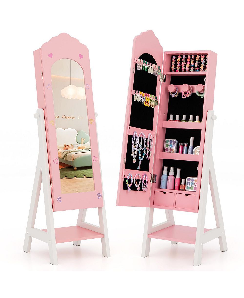 Costway Kids Jewelry Cabinet with Full-Length Mirror, Freestanding Jewelry Armoire Organizer for Girls