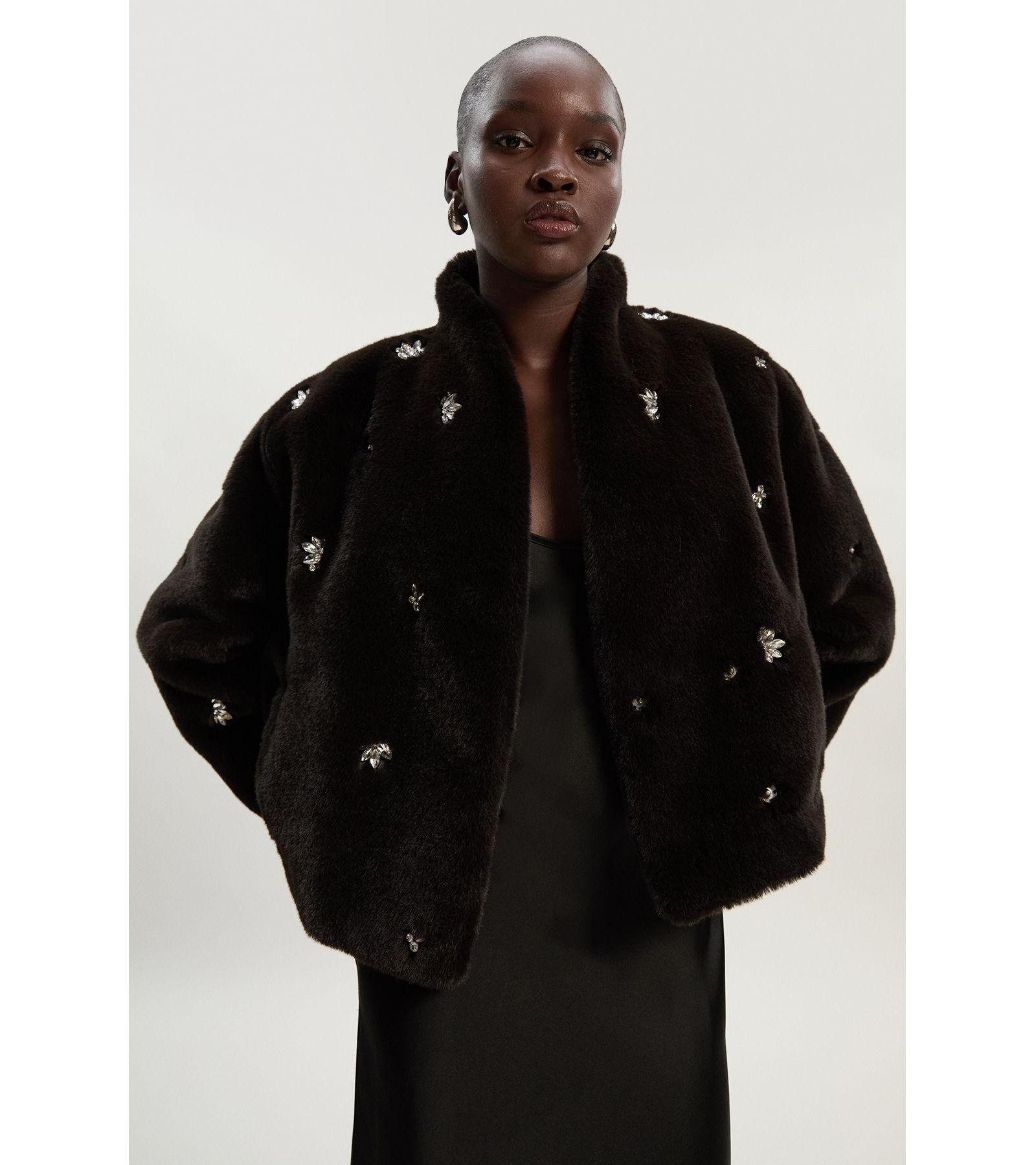 Karen Millen Women's Crystal Embellished Faux Fur Short Coat