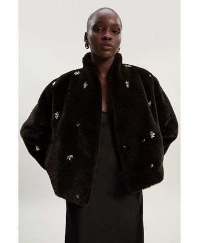 Karen Millen Женское короткое пальто из искусственного меха с кристаллами