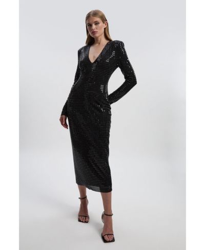 Karen Millen Women's Long Sleeve Plunge Neck Midi Dress