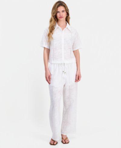 And Now This брюки Petite Cotton Embroidered Eyelet Wide-Leg