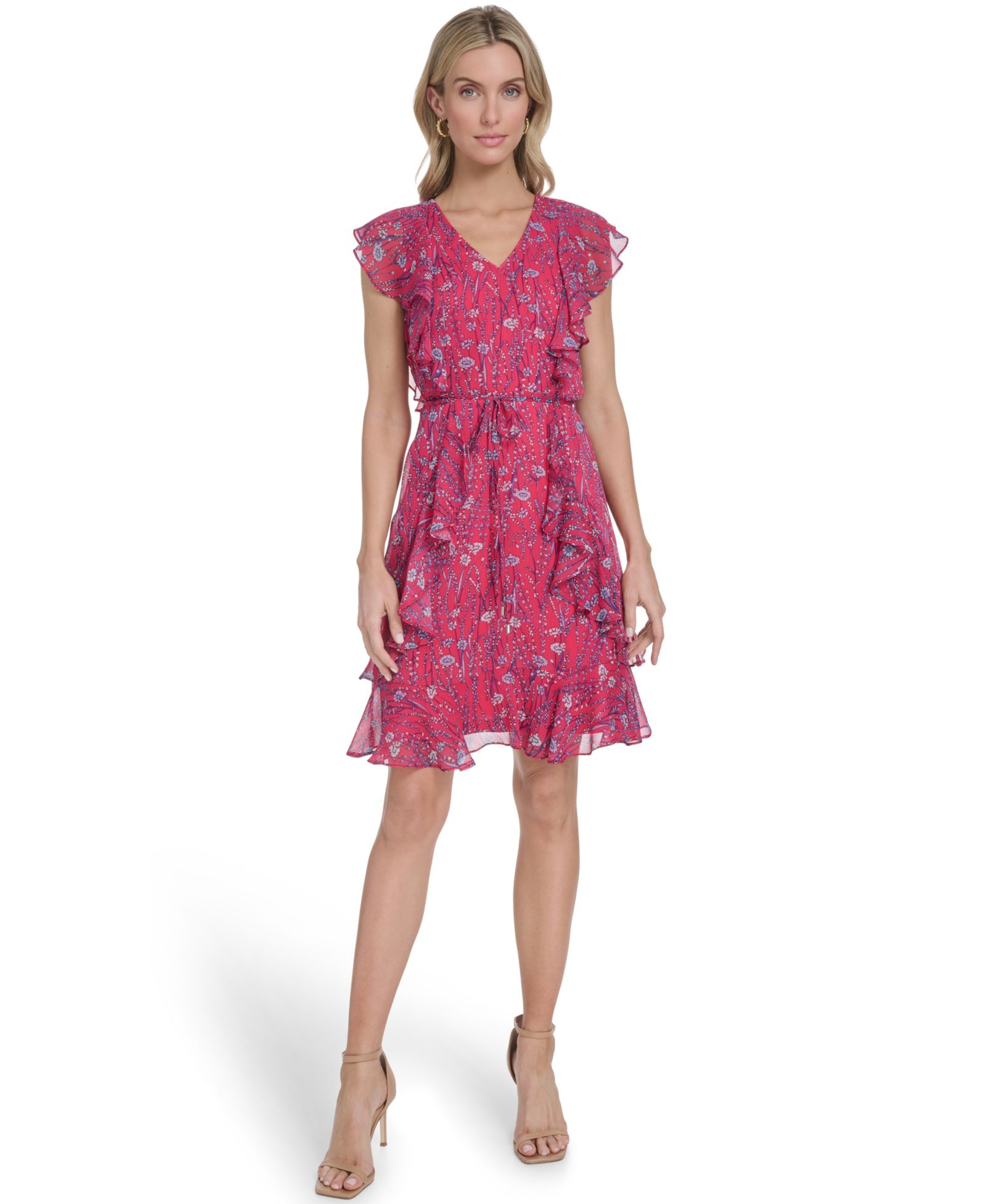 Tommy Hilfiger Women's Printed Crinkle Chiffon Vineyard Botanical Dress