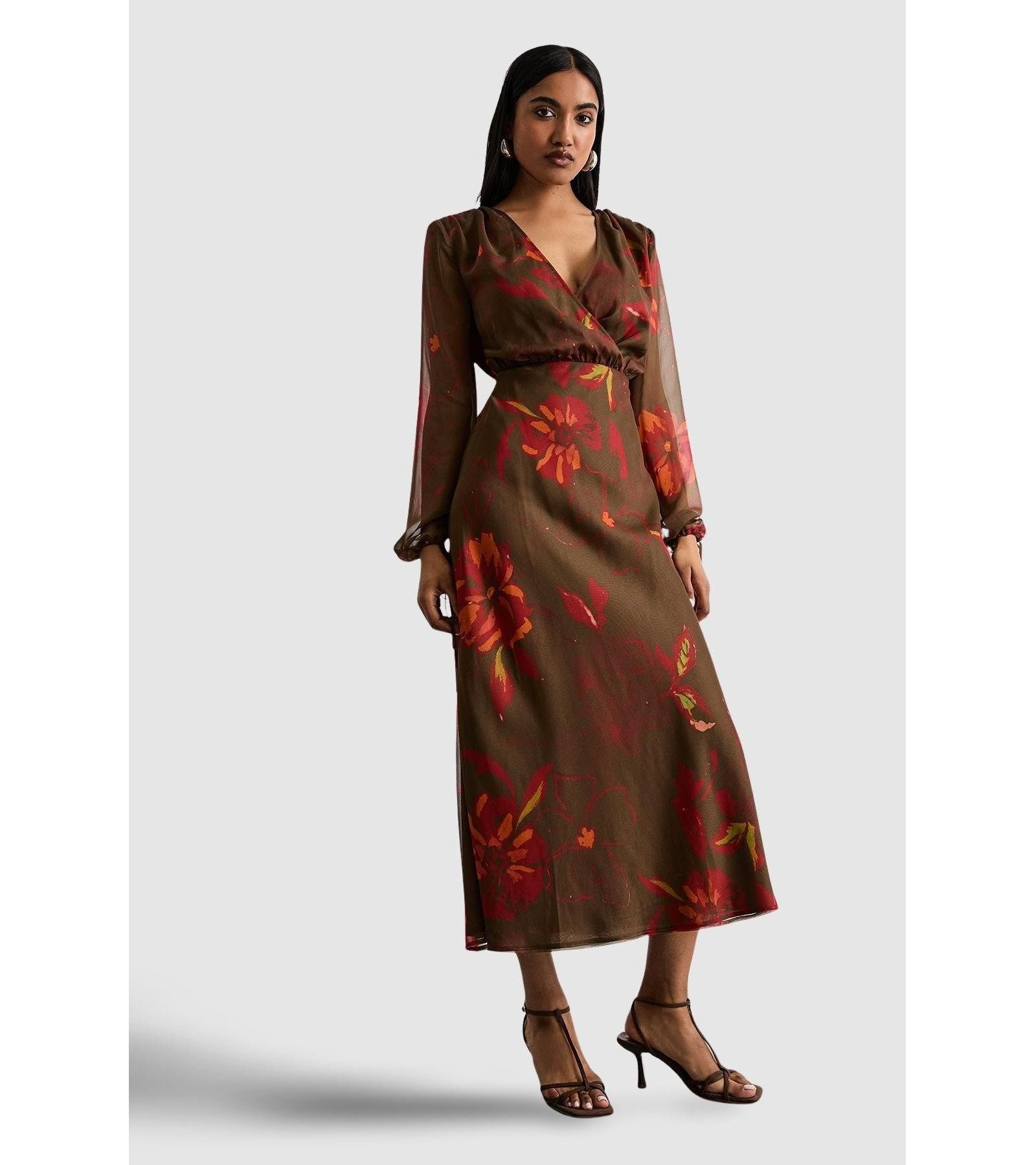 Женское миди-платье Warehouse Women's Printed V Neck Tie Detail