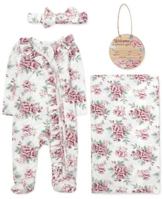 Baby Essentials Baby Girls' Floral Print Coverall, Blanket, Headband and Wood Sign, 4-Piece Set