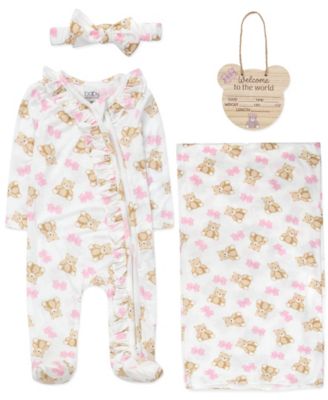 Набор Baby Essentials для новорожденных: комбинезон с принтом медведя, повязка на голову, одеяло, деревянная табличка, 4 предмета