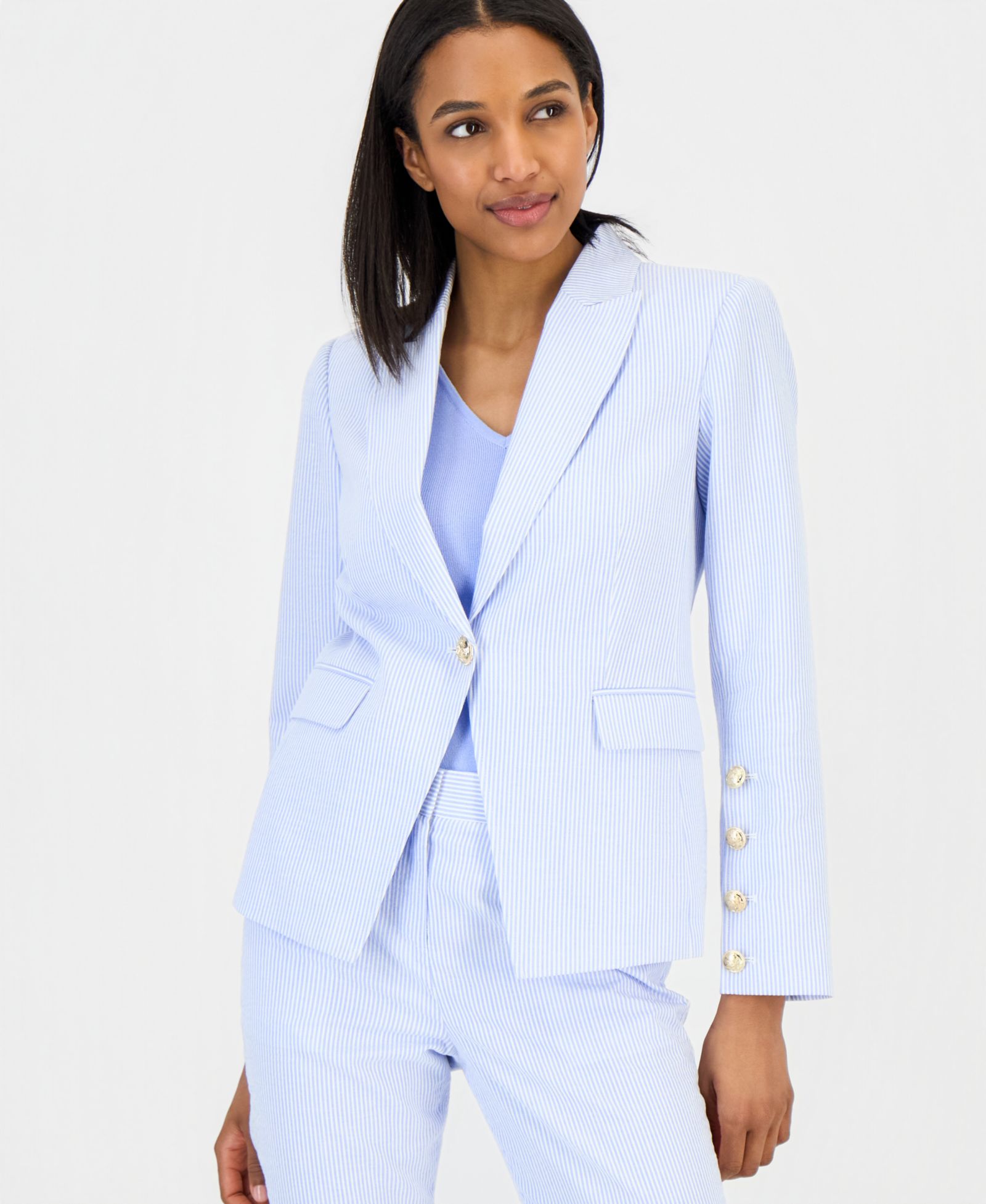 Tahari ASL Petite Peak Lapel Collar One-Button Seersucker Blazer