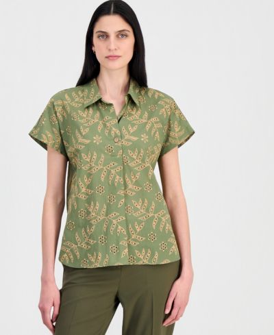 Женский хлопковый топ Tahari ASL Petite с воротником и коротким рукавом