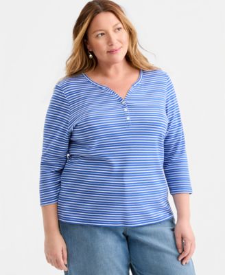 Style & Co Plus Printed 3/4-Sleeve Henley Top, Macy's Exclusive