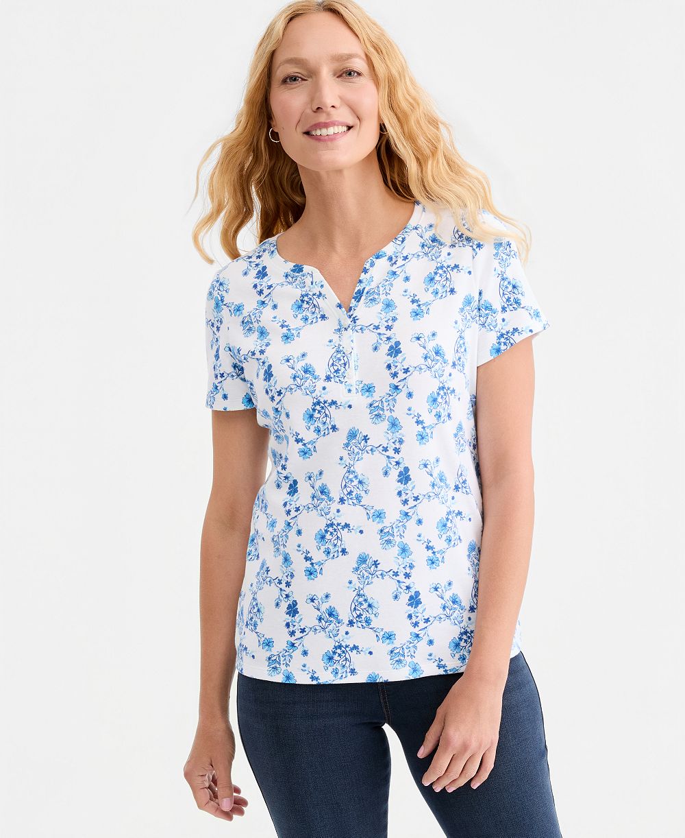 Style & Co Petite Printed Short-Sleeve Henley Top, Macy's Exclusive