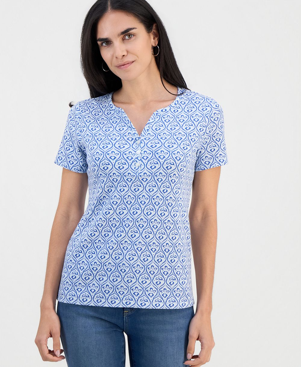Style & Co Petite Printed Short-Sleeve Henley Top, Macy's Exclusive