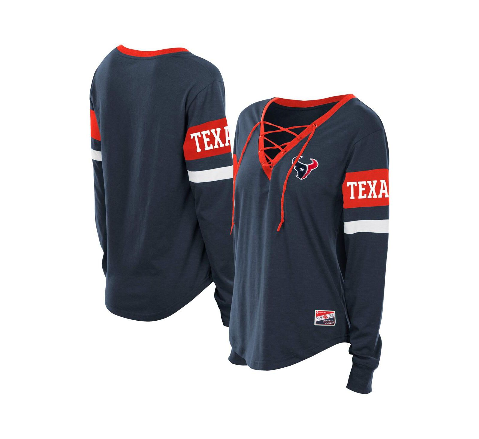 Женская футболка New Era Navy Houston Texans Plus Size Throwback Lace-Up Long Sleeve