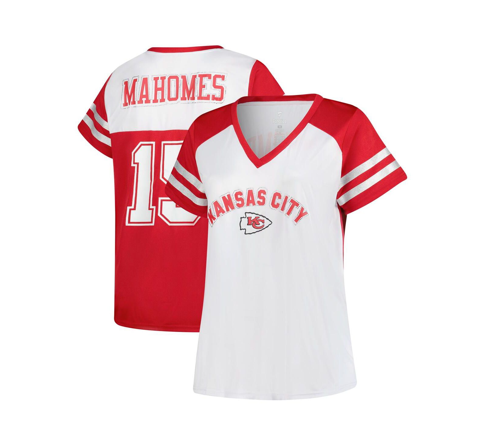 Женская футболка Fanatics Patrick Mahomes White Kansas City Chiefs Plus Size Bling V-Neck