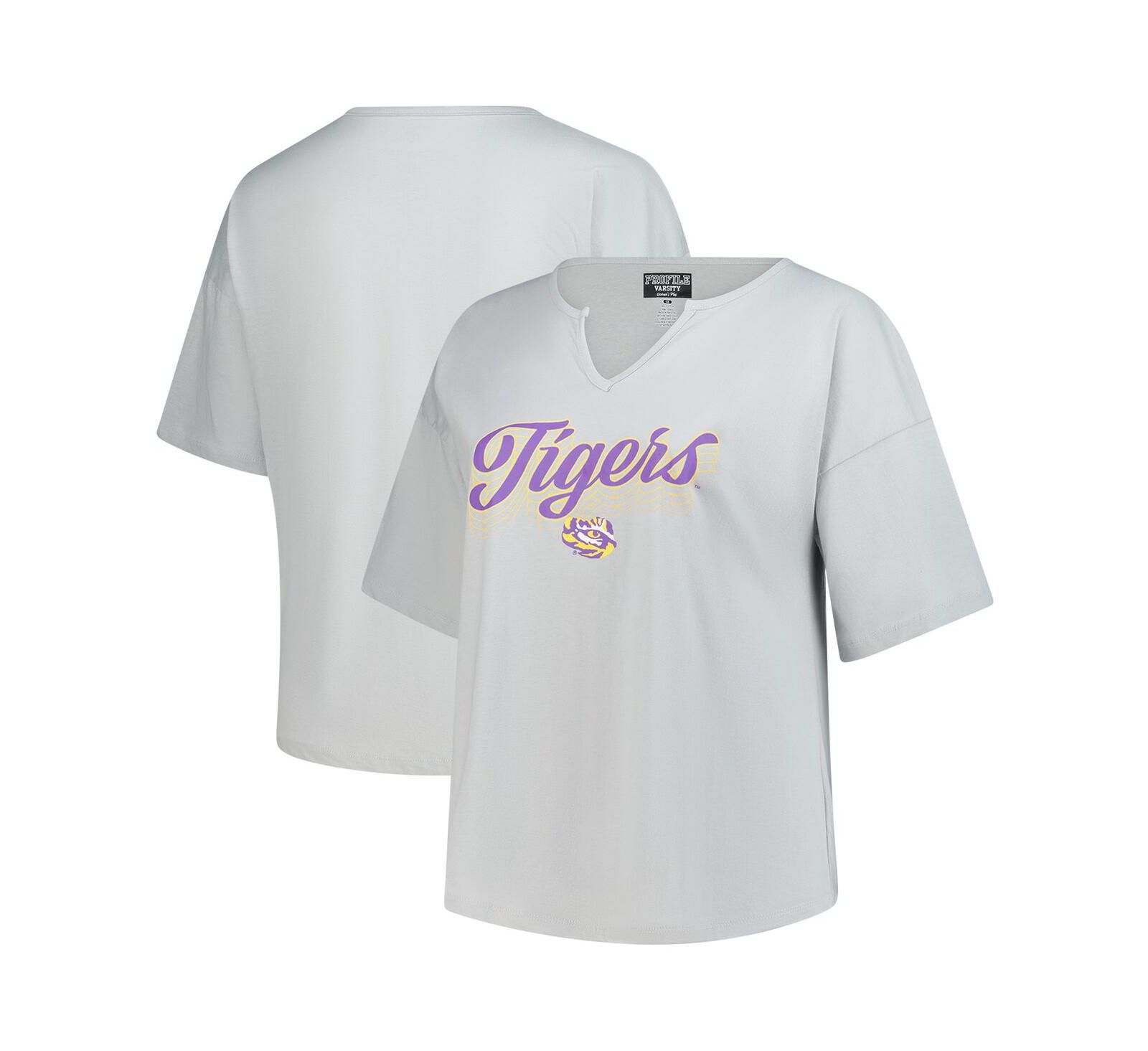 Футболка Fanatics Women's Gray LSU Tigers Plus Size с V-образным вырезом