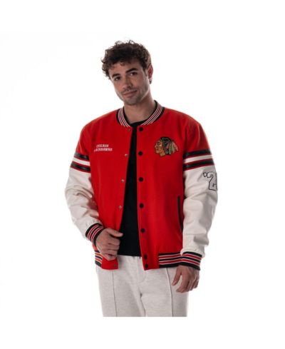 Мужская и женская куртка The Wild Collective Red Chicago Blackhawks Varsity с напуском на плечи