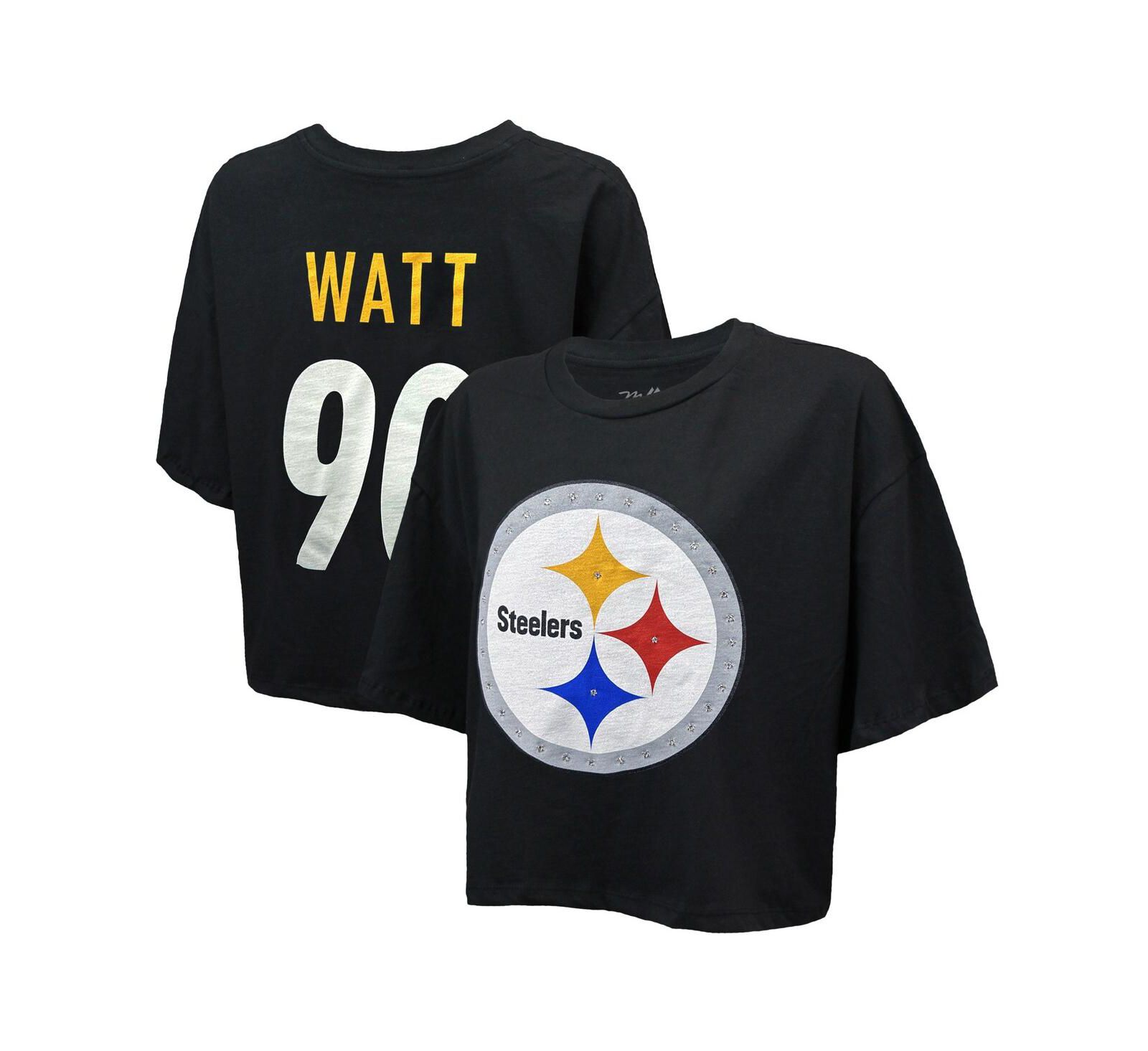 Женская футболка Majestic Threads T.J. Watt Black Pittsburgh Steelers Swarovski Crystals Boxy Cropped Name & Number