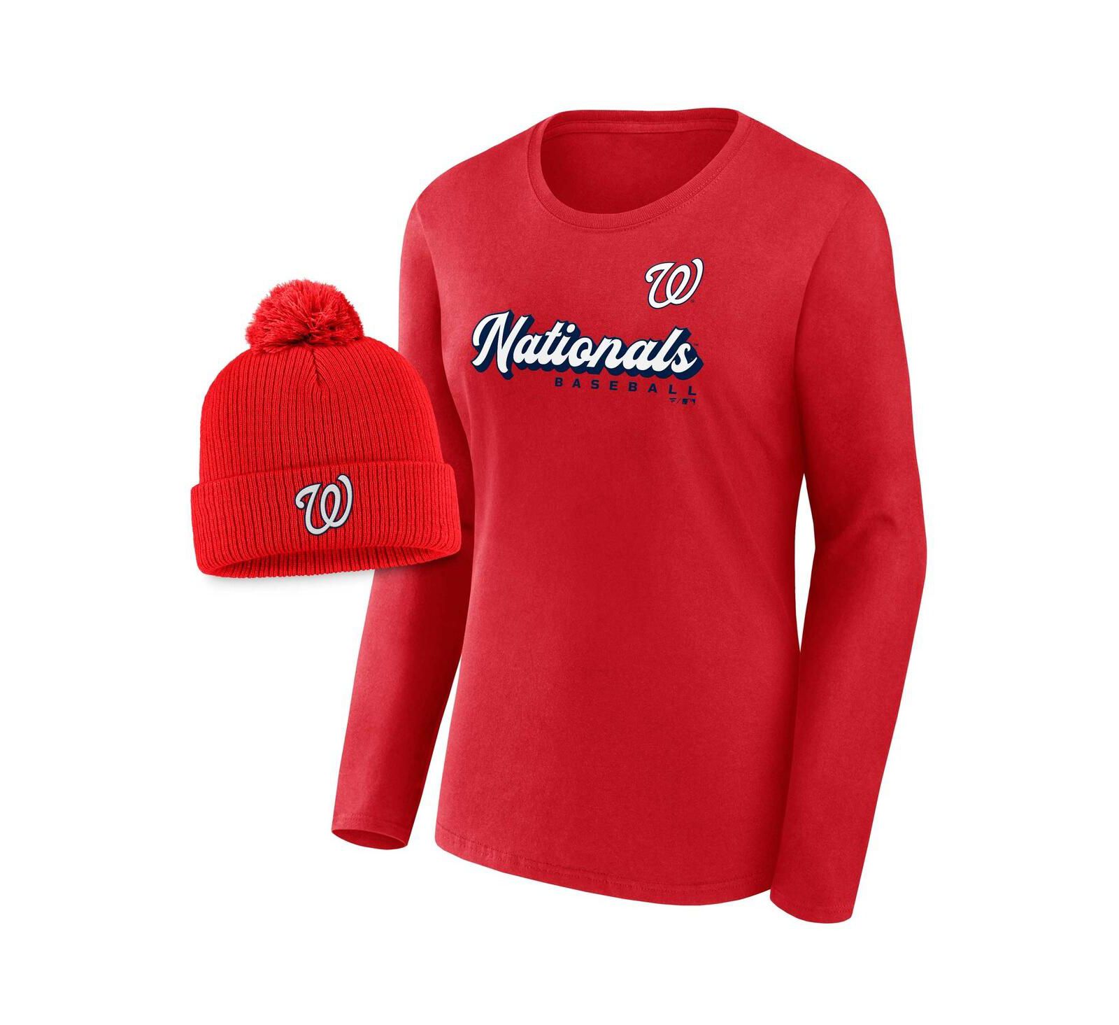 Женский набор Fanatics Red Washington Nationals Long Sleeve T-Shirt & Knit Hat с помпоном