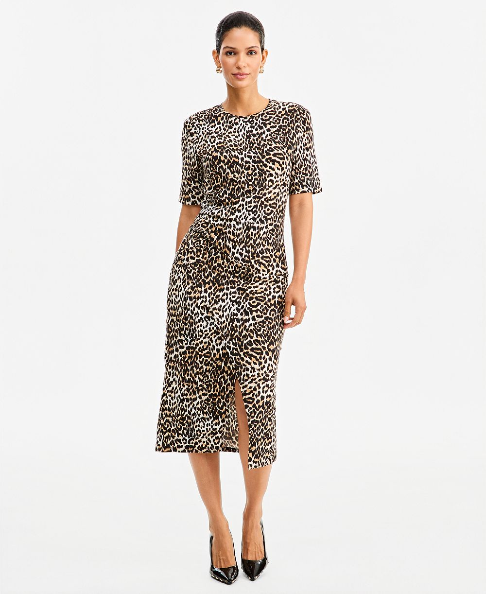I.N.C. International Concepts Women's Leopard-Print Front Slit Short-Sleeve Midi Dress, Macy's Exclusive