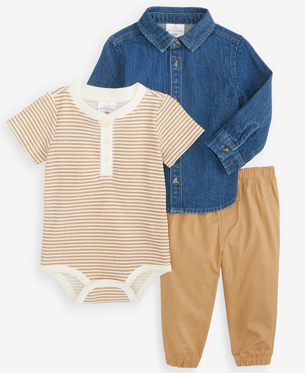 First Impressions Baby Boys' 3M-24M Chambray Shirt, Striped Henley Bodysuit and Pants, 3-Piece Set, Macy's Exclusive