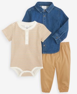 First Impressions Baby Boys' 3M-24M Chambray Shirt, Striped Henley Bodysuit and Pants, 3-Piece Set, Macy's Exclusive