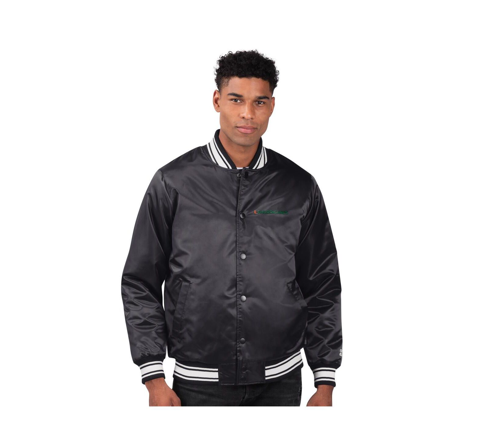 Starter Men's Black Miami Hurricanes Two-Hit Satin Varsity Full-Snap Jacket