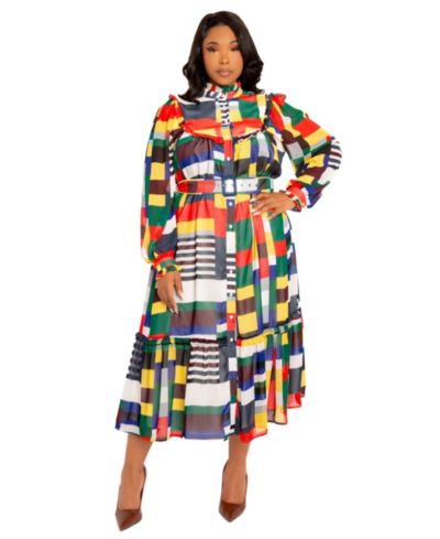 Buxom Couture Plus Size Plaid Ruffle Collar Shirt Dress