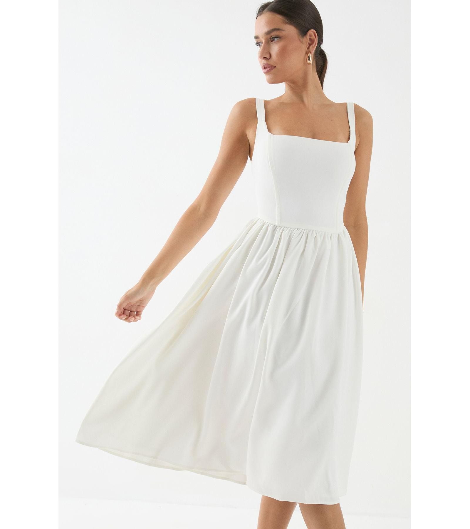MissPap Women's Square Neck A Line Midi Dress