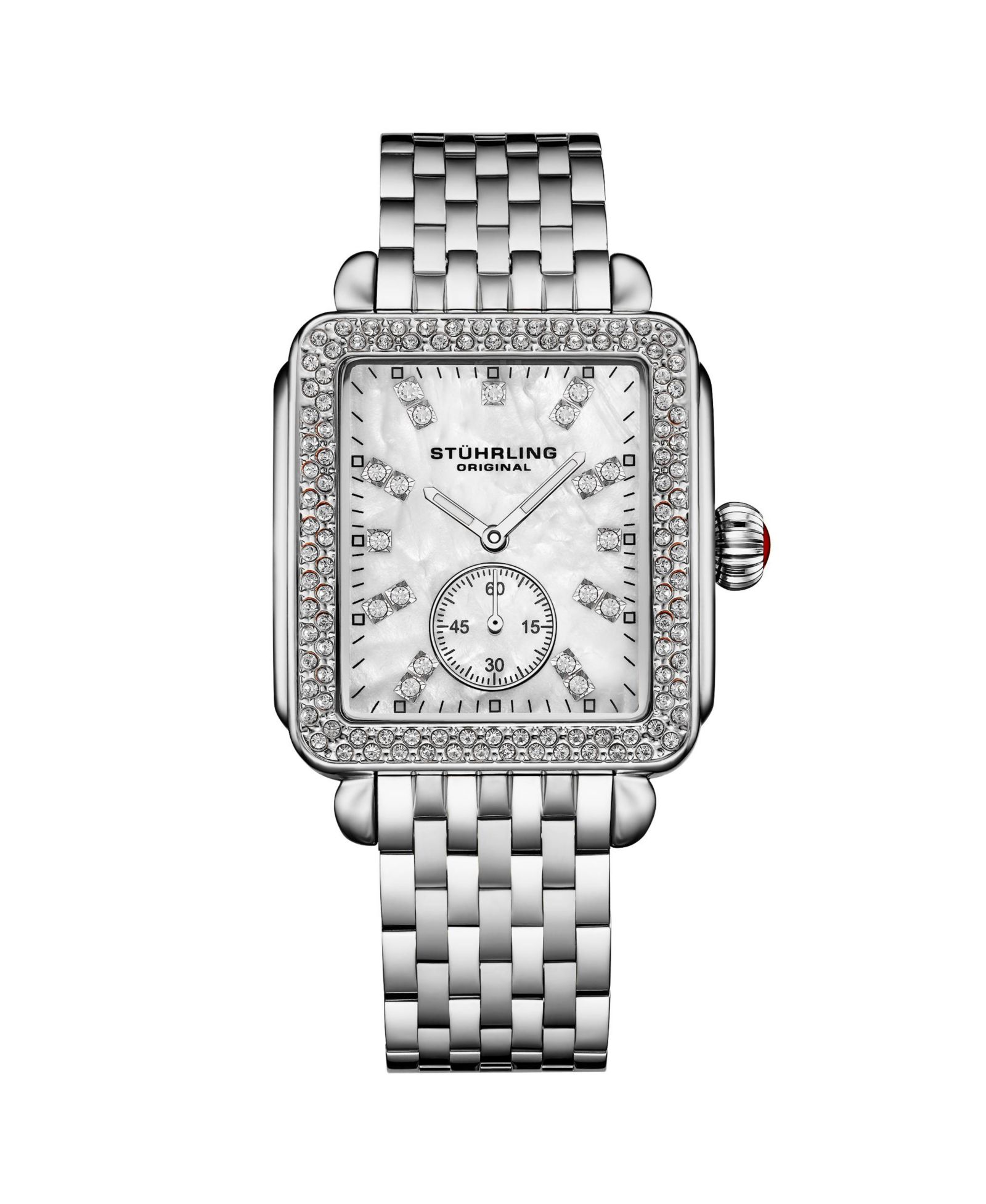 Stuhrling Women s 4090 34mm Crystal-Accented Rectangular Stainless Steel Bracelet Watch with Mother-of-Pearl Dial