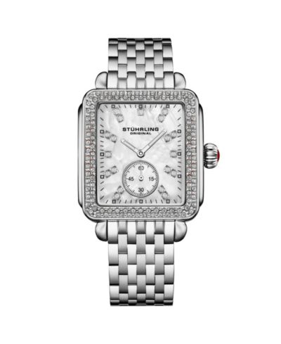 Stuhrling Women s 4090 34mm Crystal-Accented Rectangular Stainless Steel Bracelet Watch with Mother-of-Pearl Dial