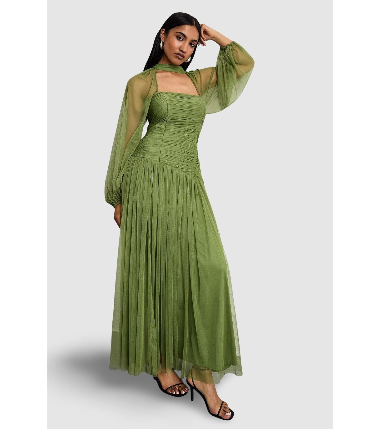 Женское Warehouse Bow Detail Gathered Tulle Maxi платье