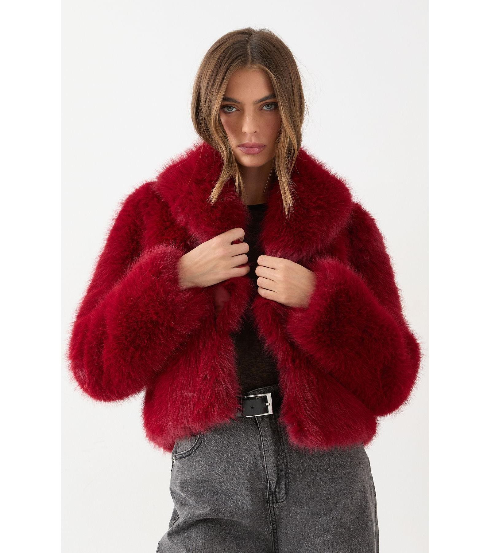 MissPap Women's Faux Fur Cropped Collar Coat