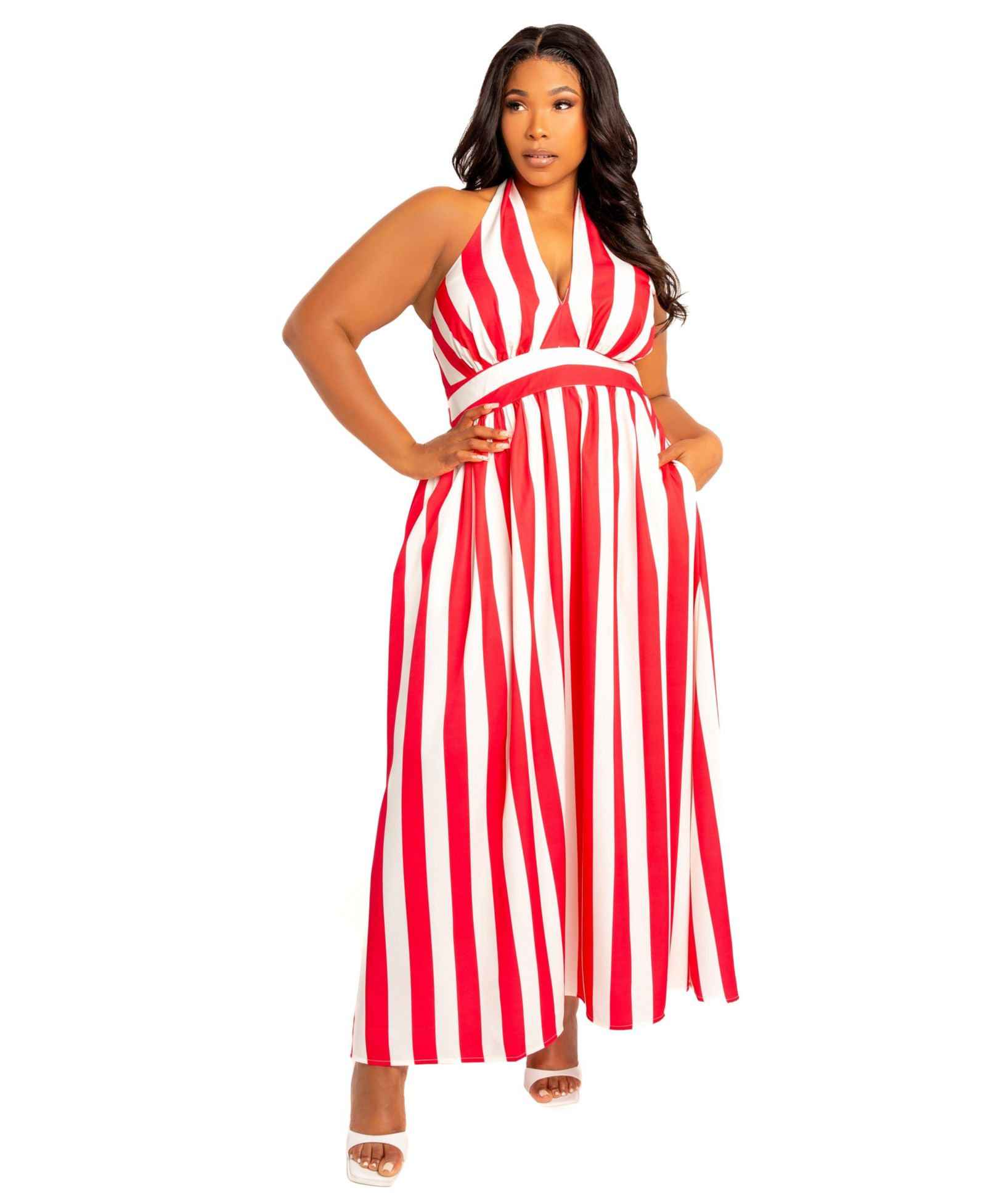 Buxom Couture Plus Size Stripe Halter Neck Maxi Dress