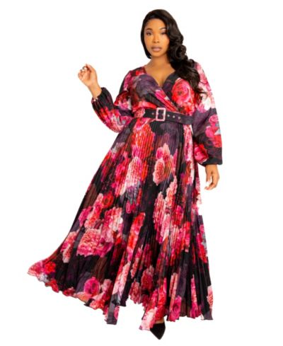 Buxom Couture Plus Size Women's Floral Pleated Maxi Dress with Belt