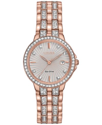 Citizen Женские часы Eco-Drive Crystal Accent Rose Gold-Tone Stainless Steel 28mm EW2348-56A