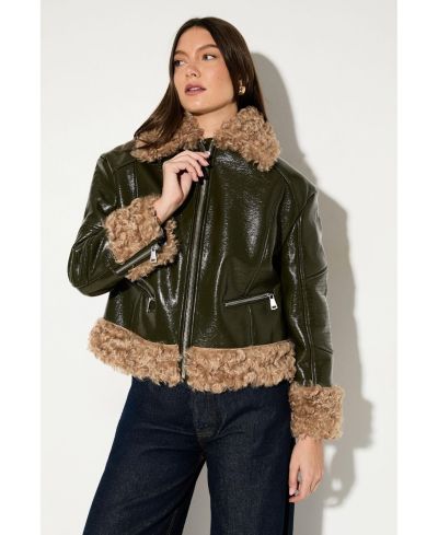 MissPap Women's Premium Faux Fur Collar Aviator Jacket