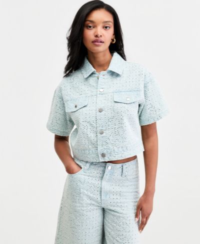 Bar III Women's Sequin Destructed Denim Short-Sleeve Shirt, Macy's Exclusive