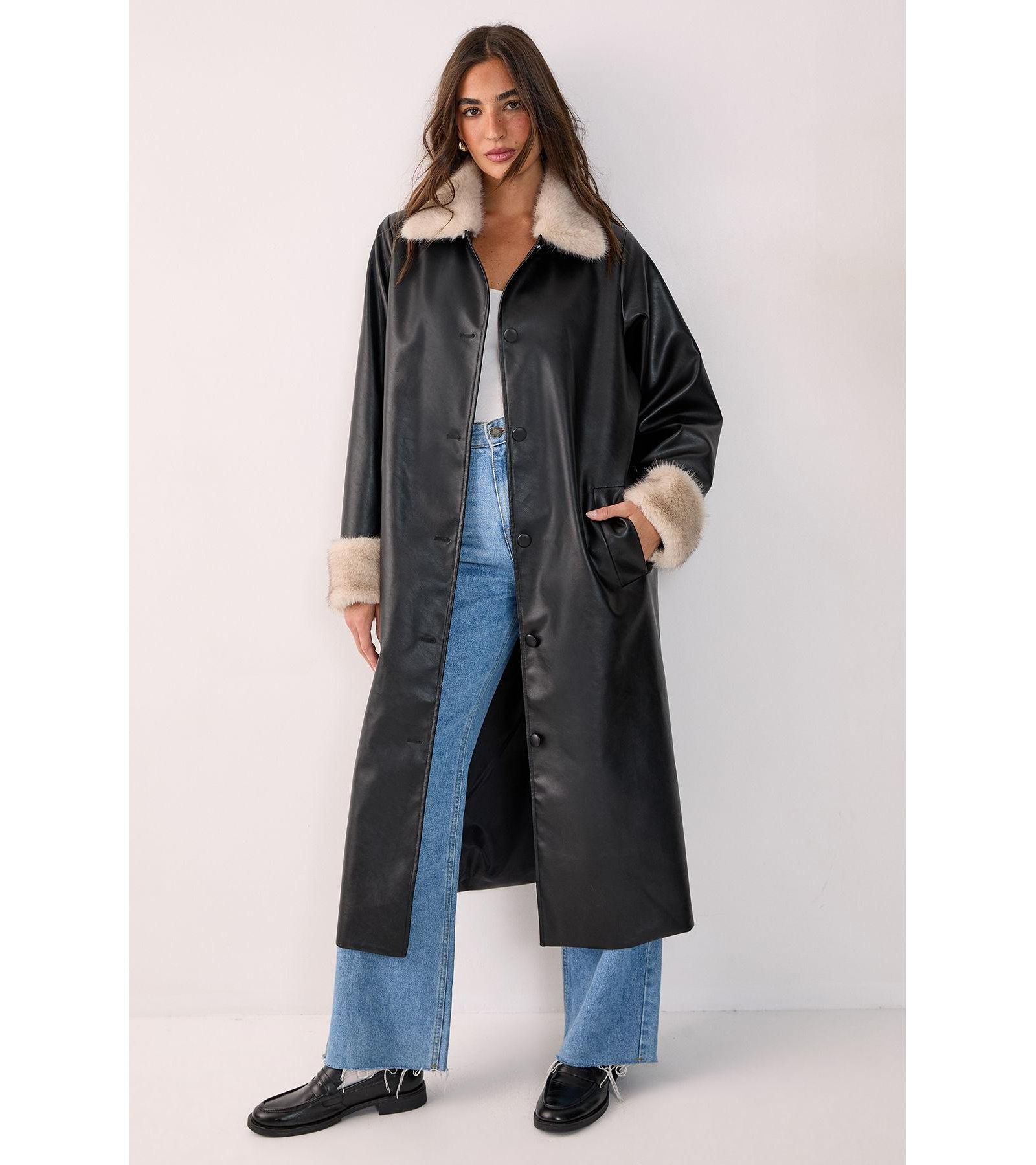 Nasty Gal Women's Faux Leather Longline Fur Trim Coat