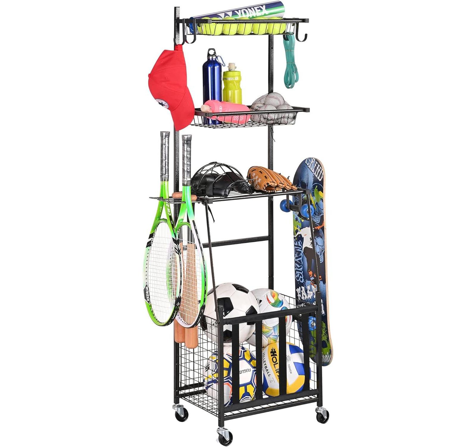 Mythinglogic 4-Tier Sports Equipment Storage Organizer, Black, Plastic, Wheeled