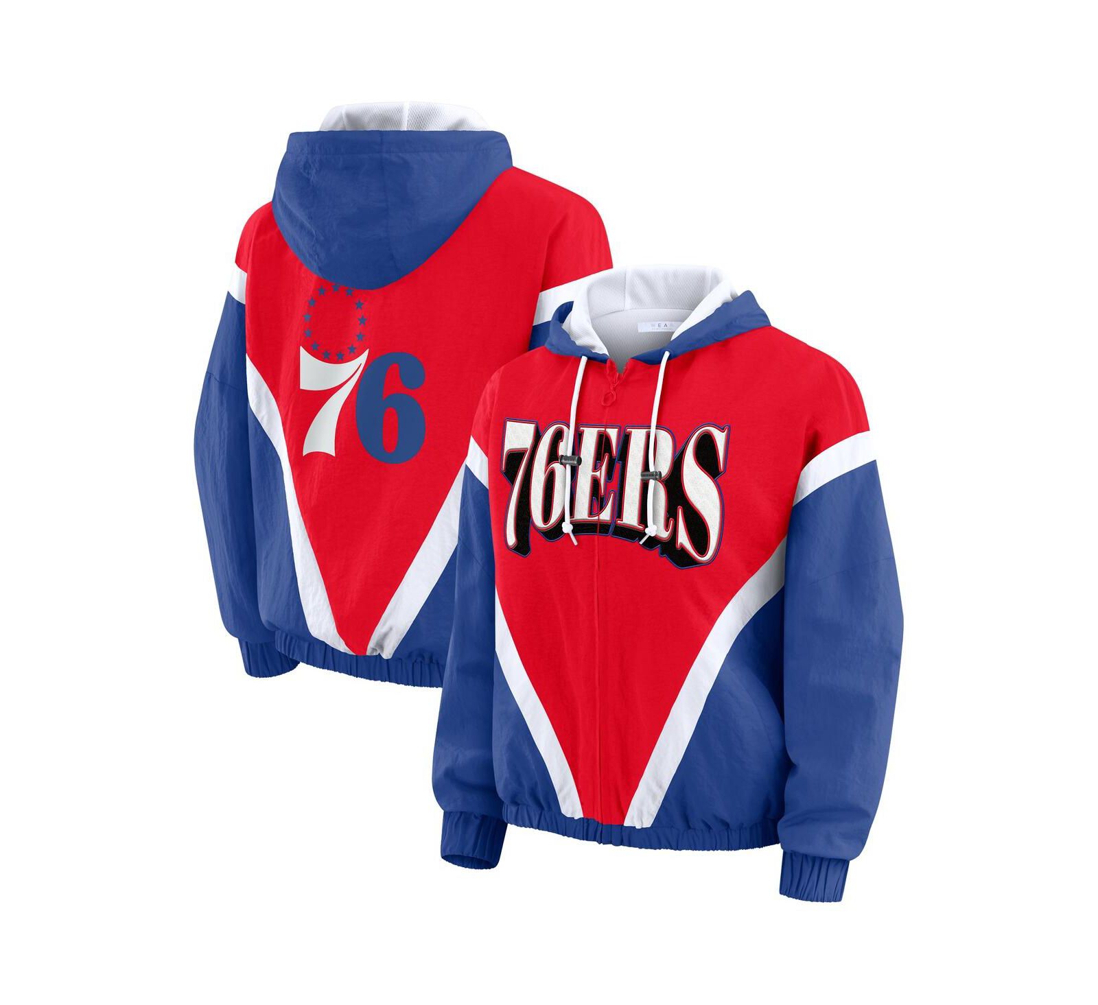 WEAR by Erin Andrews Women's Red/Royal Philadelphia 76ers Color Block Full-Zip Hoodie Windbreaker Jacket