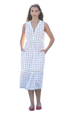 Yumi Women's Cherry Print Lace Trim Cotton Midi Dress