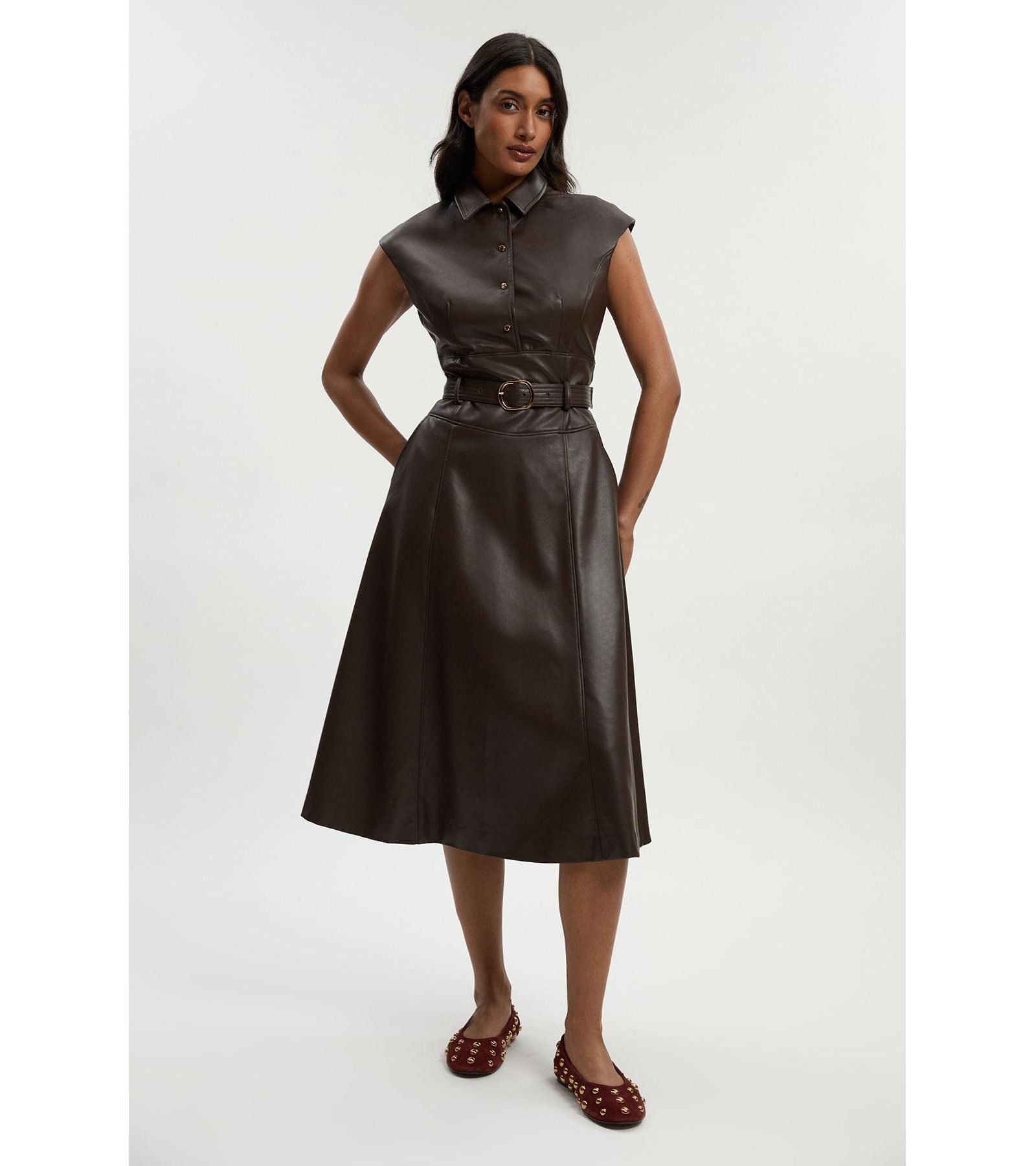 Karen Millen Women's Faux Leather Belted Midi Dress