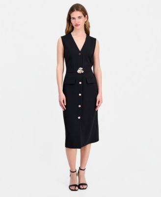 Connected Women's V-Neck Sleeveless Belted Sheath Dress
