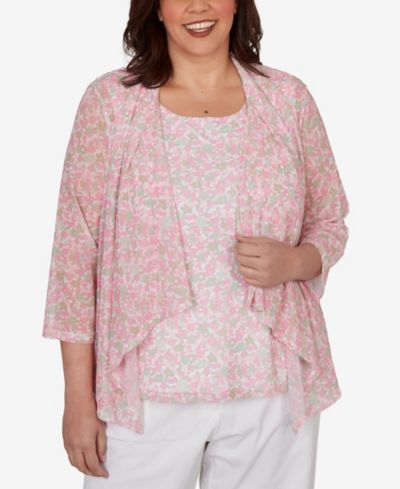 HEARTS OF PALM Plus Size Printed Mesh 3/4-Sleeve Cascade Cardigan Sweater