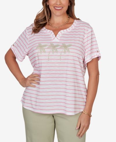 Топ HEARTS OF PALM Plus Size Printed Slub with Banded Neck
