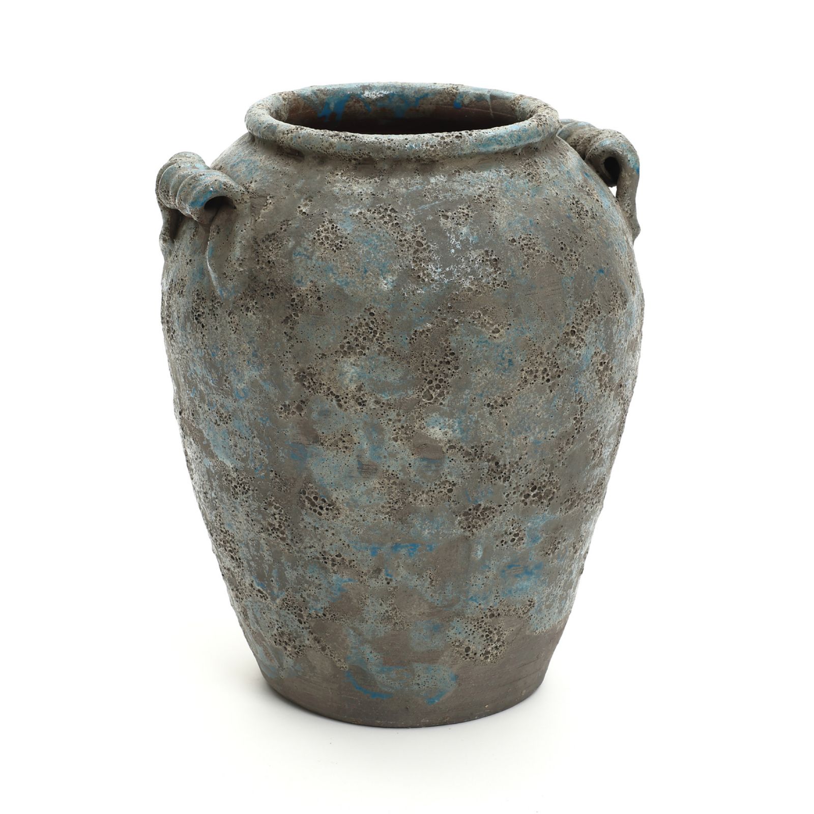 LuxenHome Antiqued Blue & Brown Terracotta Vase with Handles, 12.6" Tall Farmhouse Vintage Pottery