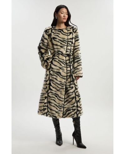 Пальто Karen Millen женское с меховым воротником и поясом, без воротника