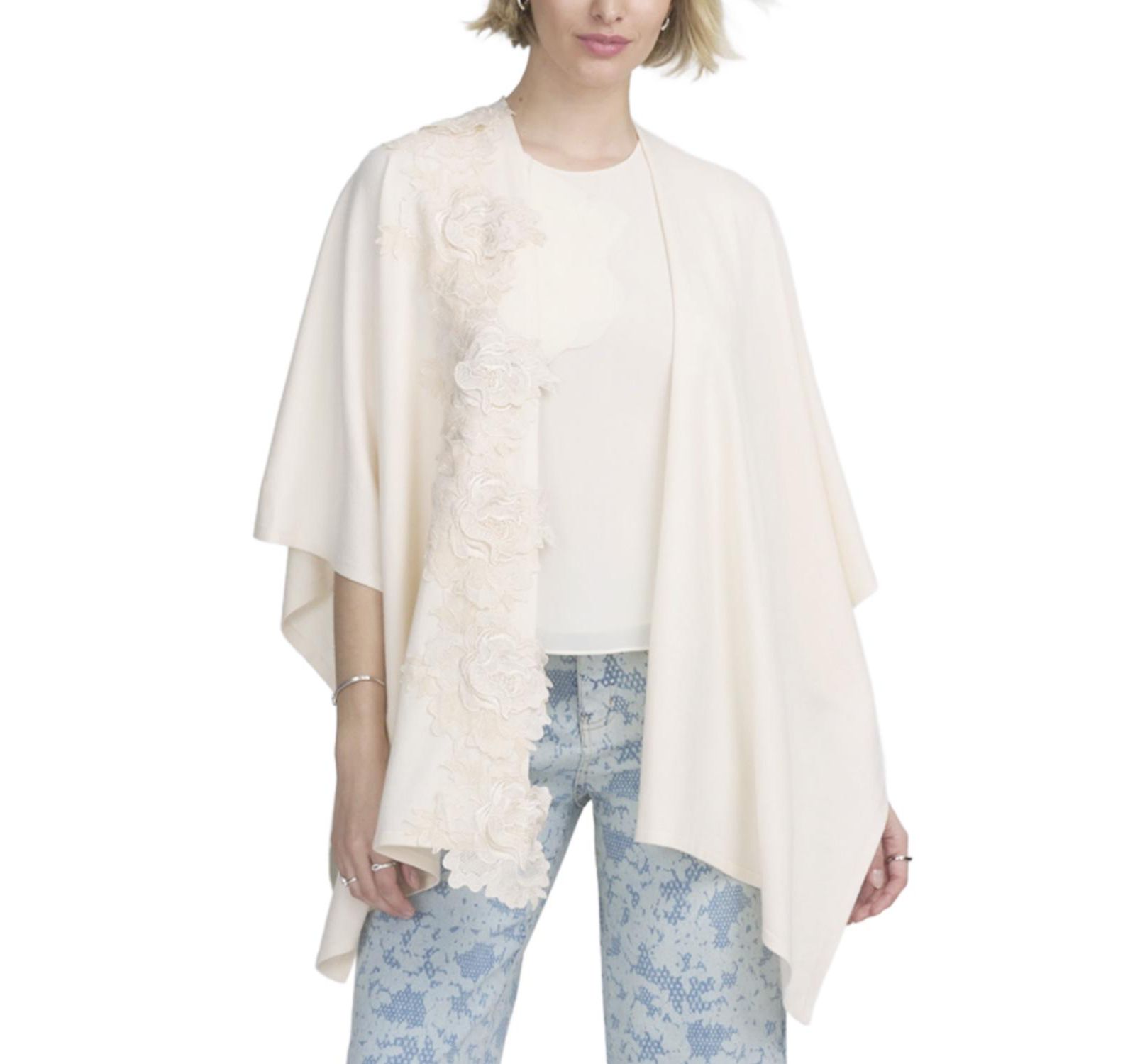 ELLE Collection Fine Gauge Draped Cardigan With Lace Applique