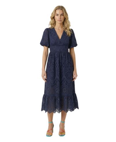 Modenaire Women's Puff Sleeve Eyelet Smocked Midi Dress