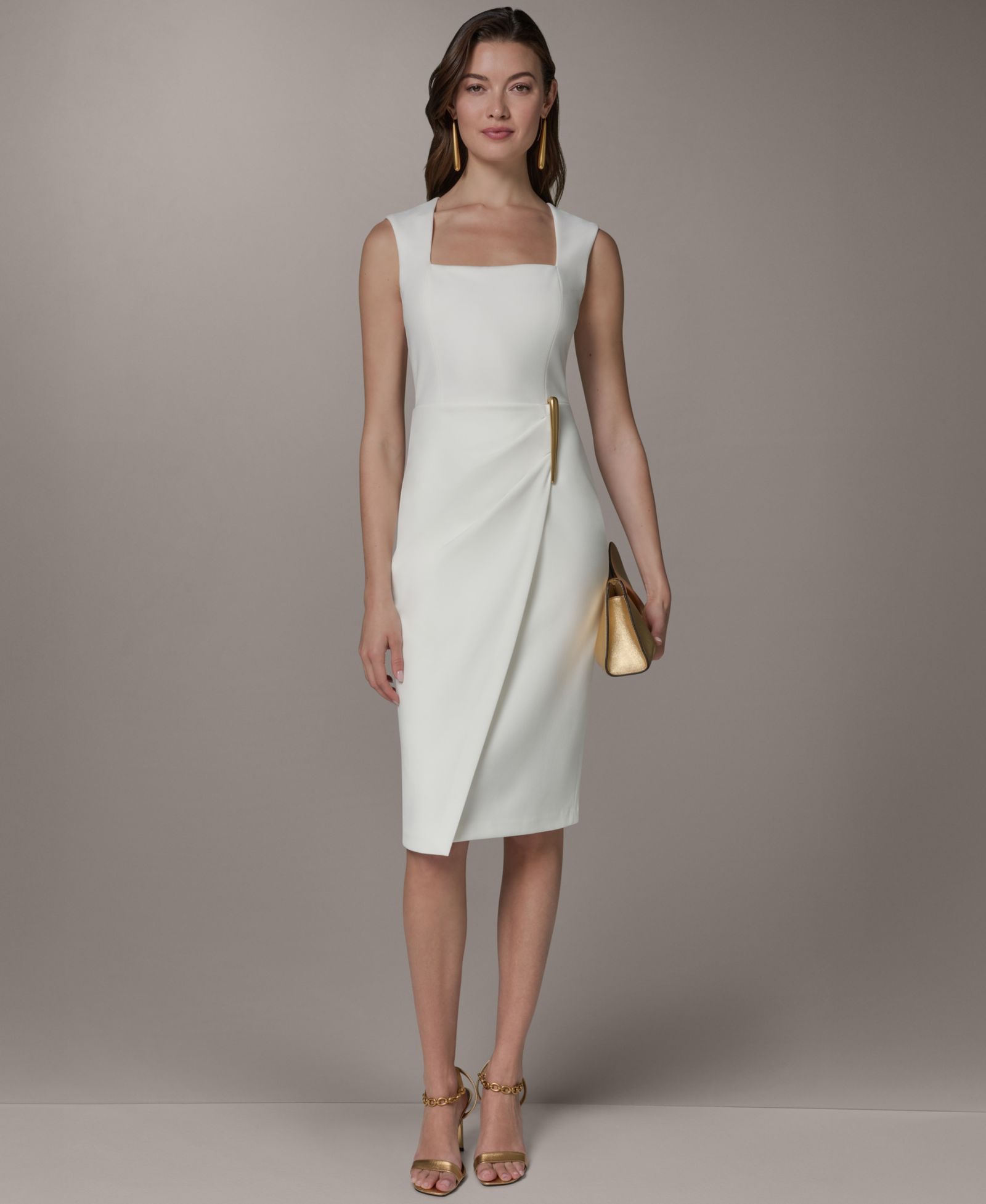 Donna Karan New York Women's Square Neck Sheath Sleeveless Hardware Midi Dress