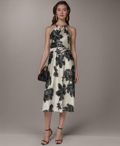 Donna Karan New York Women's Cowl Neck Halter Floral A-Line Sleeveless Midi Dress
