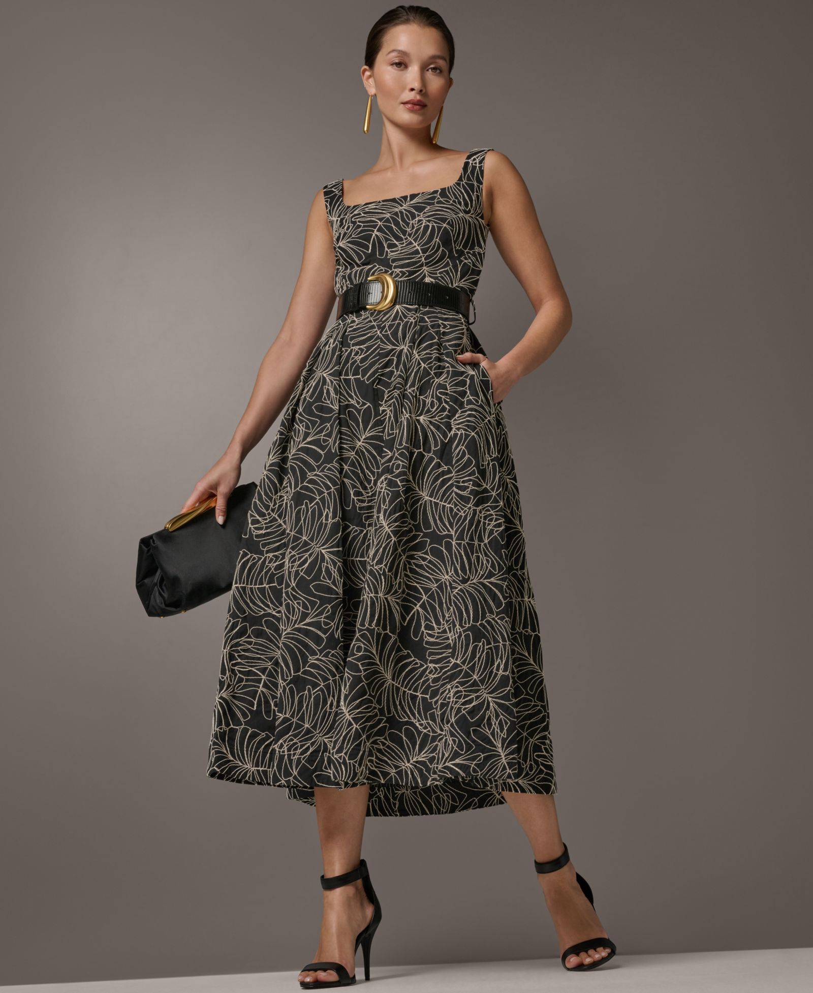 Платье миди Donna Karan New York Women's Square Neck A-Line с поясом из полиуретана